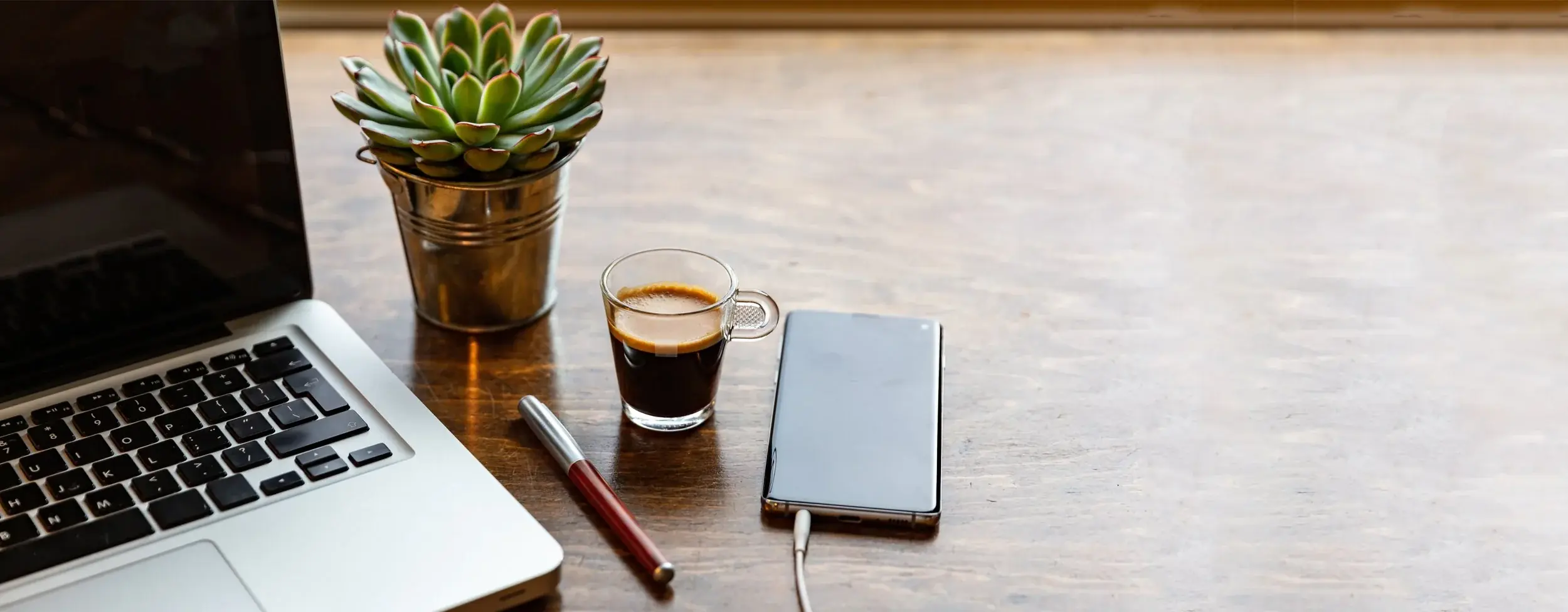 Workspace with laptop, coffee, and succulent